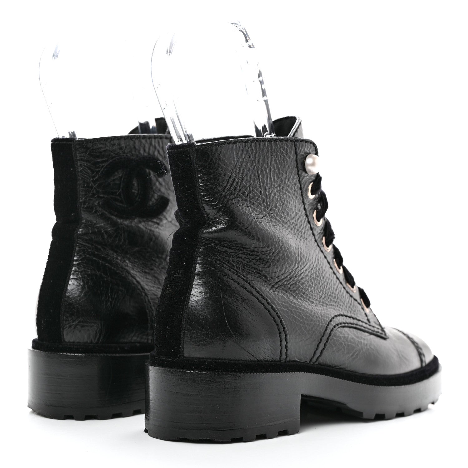 Chanel Shiny Calfskin Velvet Pearl Combat Short Boots 36 Black 4 of 7
