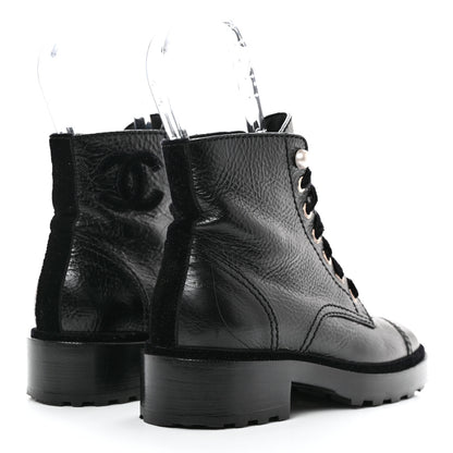 Chanel Shiny Calfskin Velvet Pearl Combat Short Boots 36 Black 4 of 7