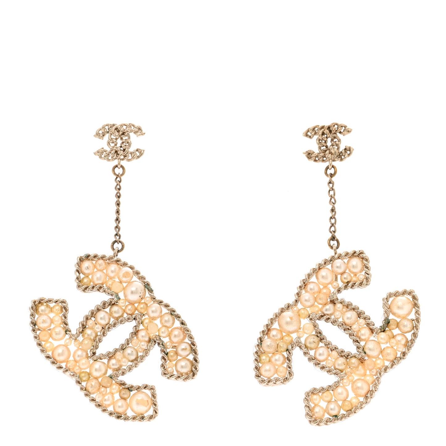 Pearl Chain Large CC Earrings Gold