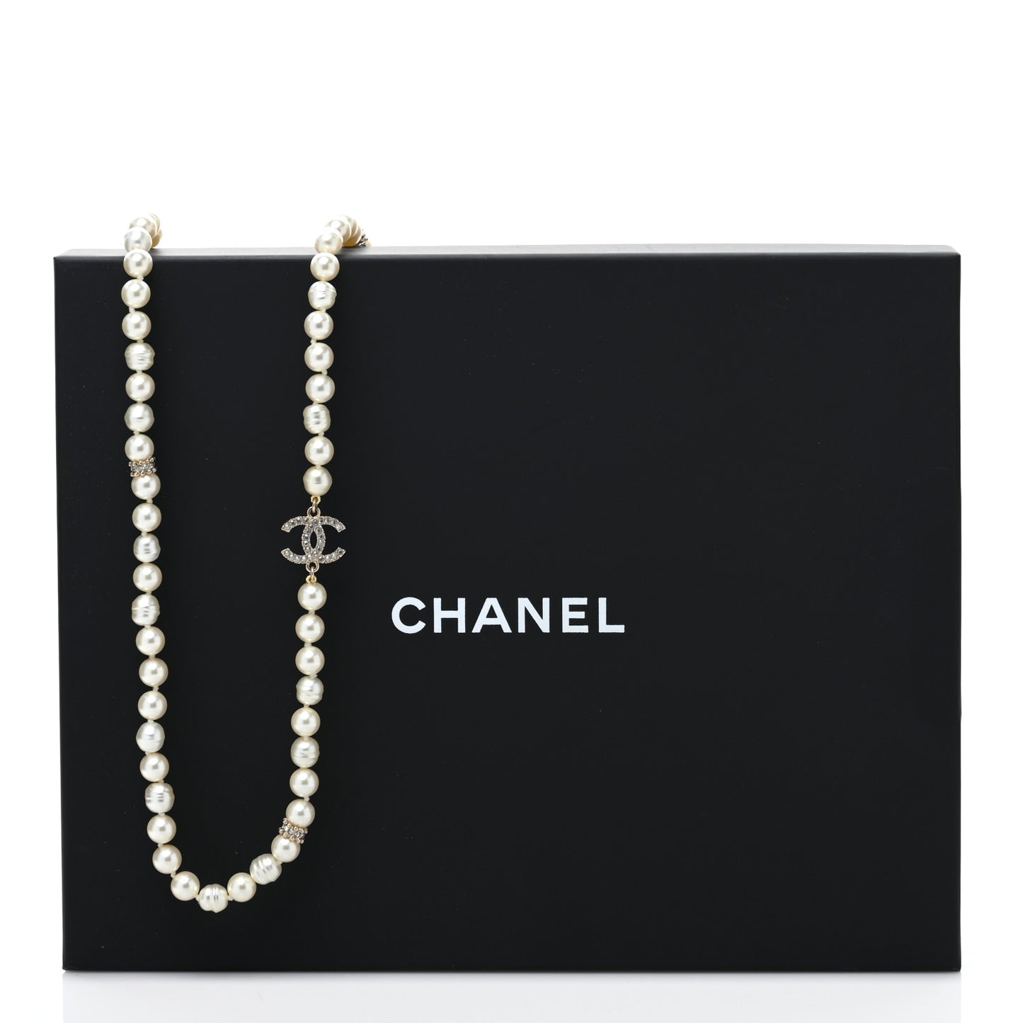 Pearl Crystal CC Long Necklace Gold