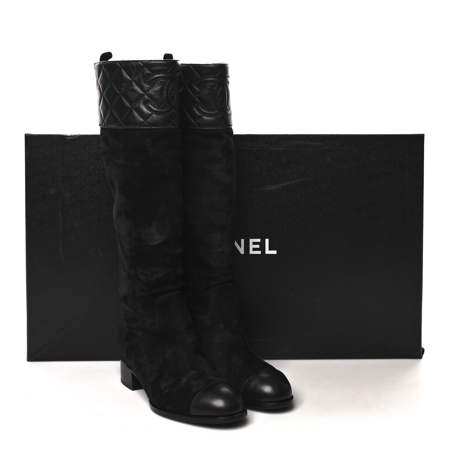 Chanel Suede Calfskin Lambskin Quilted Knee High Boots 37 Black 8 of 8