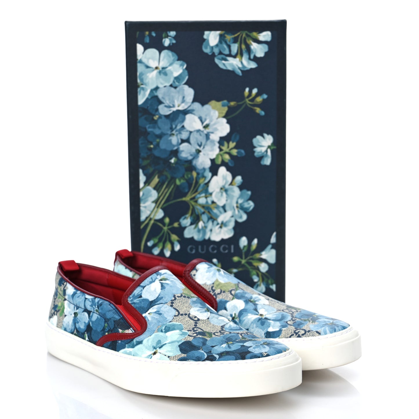 GG Supreme Monogram Blooms Womens Slip On Sneakers 40.5 Beige Blue Navy Red