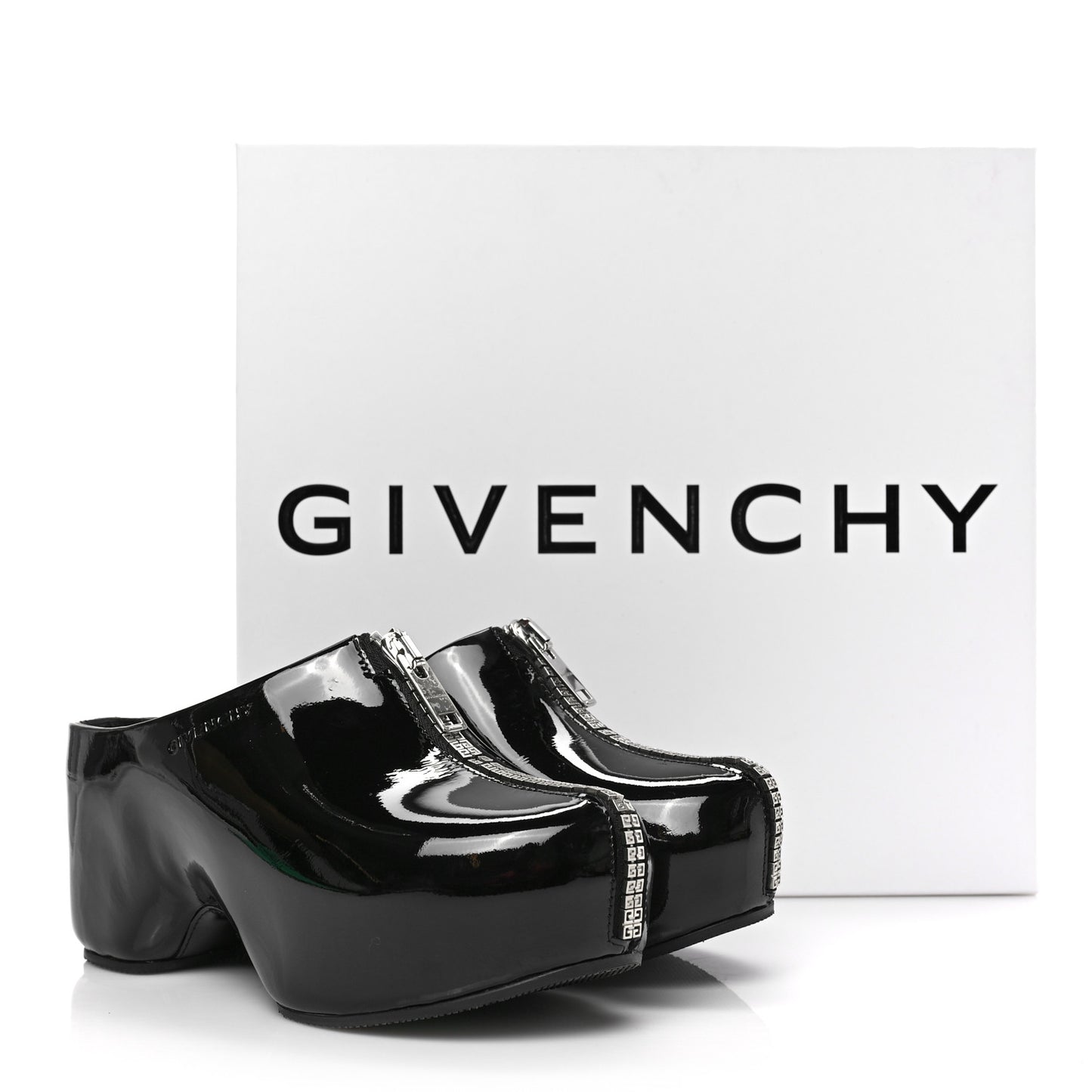 Patent Calfskin 4G Zip Clogs 36 Black
