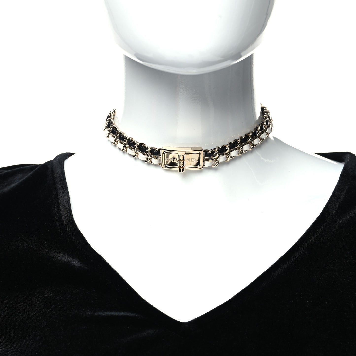 Metal Lambskin Reissue Lock Choker Necklace Black White Gold