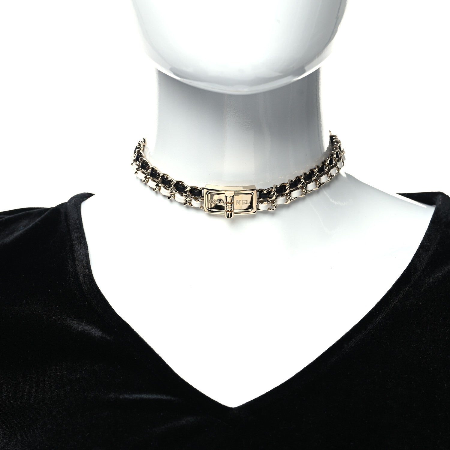 Chanel Metal Lambskin Reissue Lock Choker Necklace Black White Gold 2 of 5