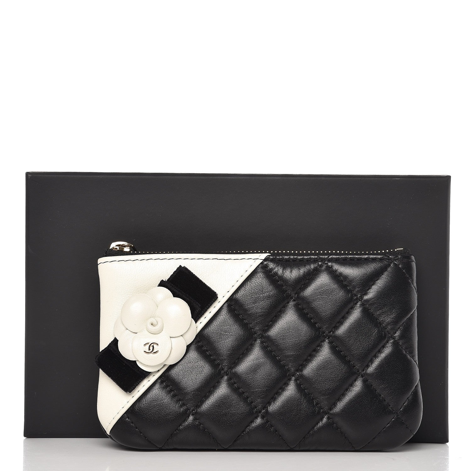 Chanel Lambskin Quilted Small Camellia Cosmetic Pouch Black White 6 of 8