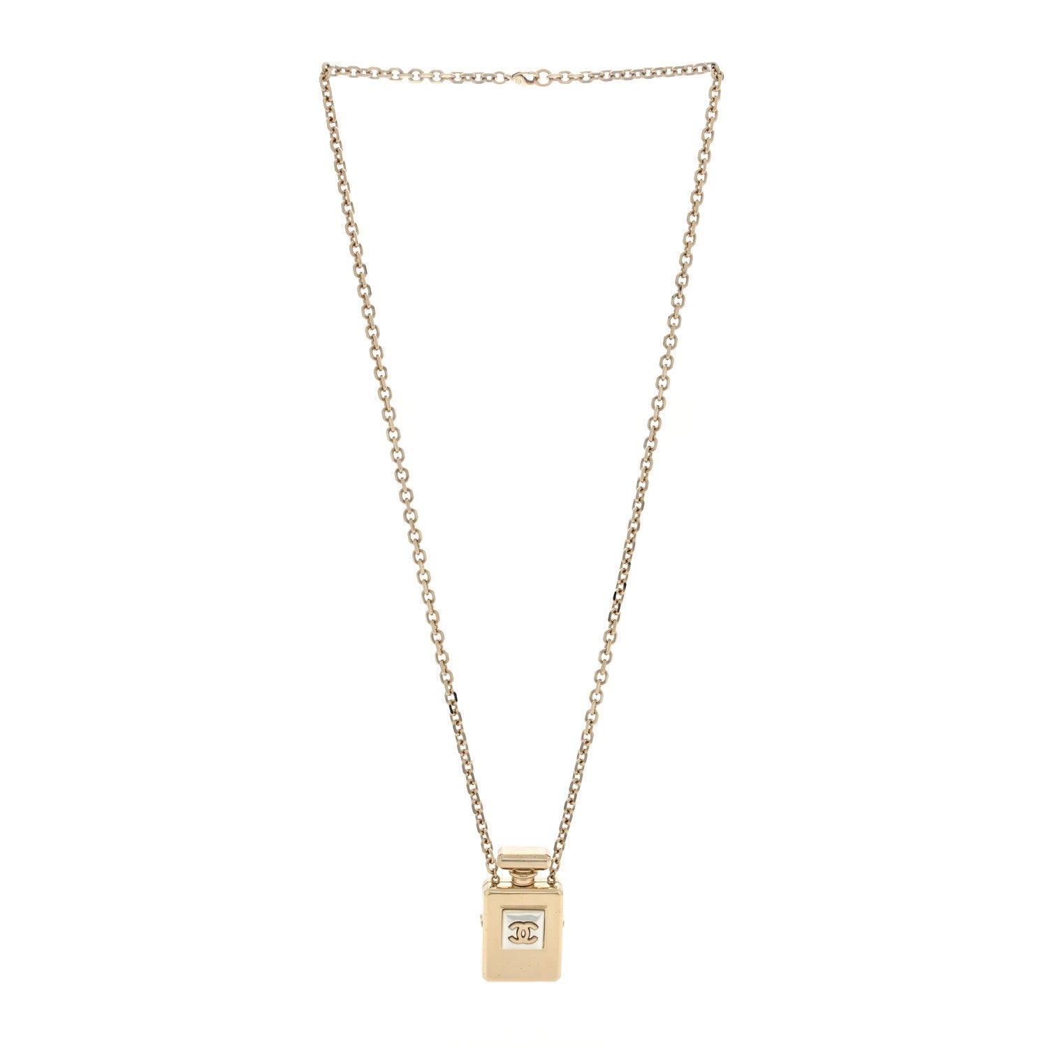 Chanel Metal Pearl Perfume Bottle CC Locket Necklace Gold 3 of 5