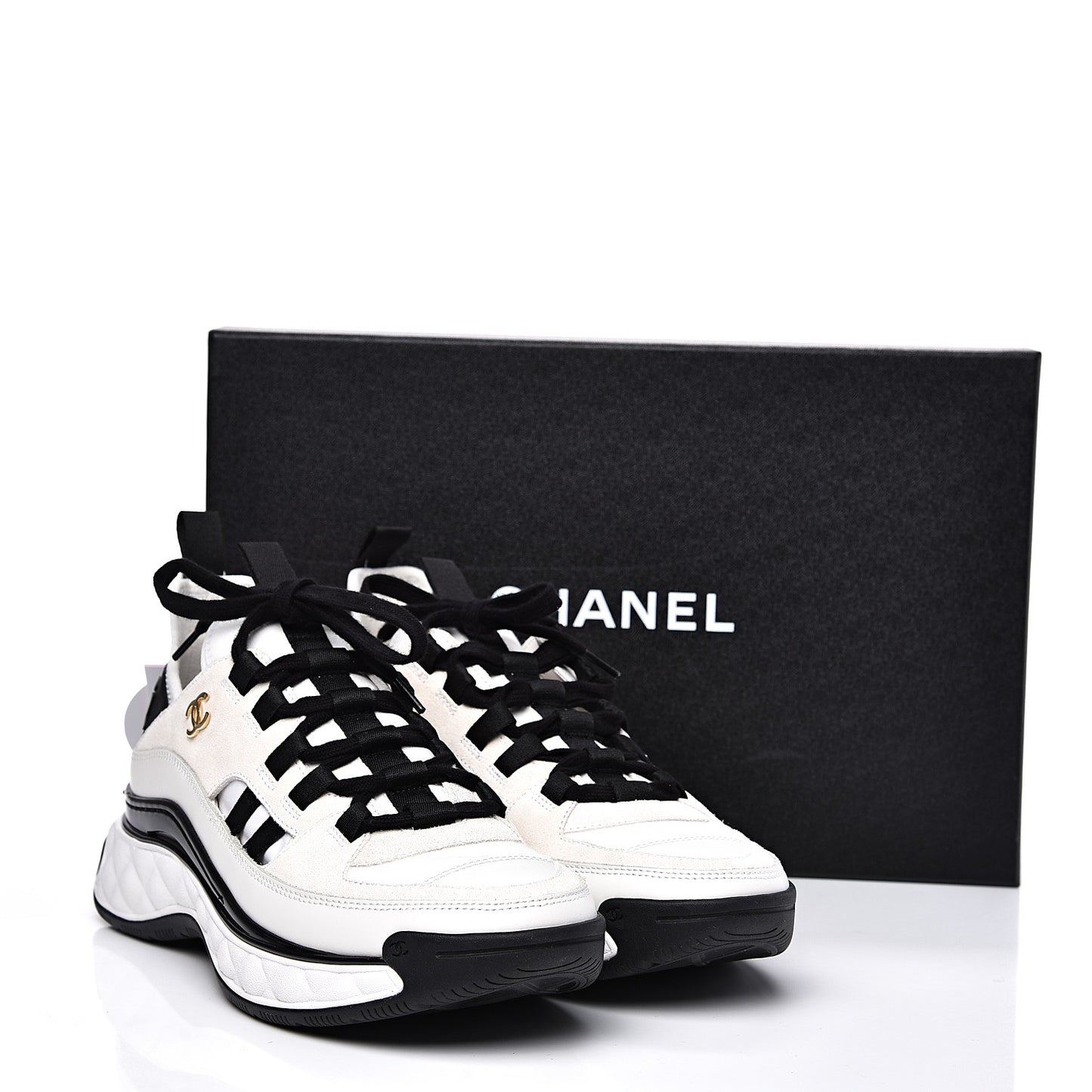 Fabric Calfskin Suede CC Sneakers 37.5 White Black