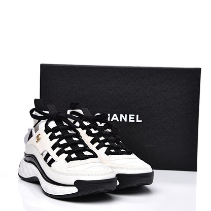 Chanel Fabric Calfskin Suede CC Sneakers 37.5 White Black 10 of 10