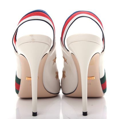 Gucci Malaga Kid Web Bee Star Embroidered Sylvie High Heel Slingback Pumps 40 White 7 of 12