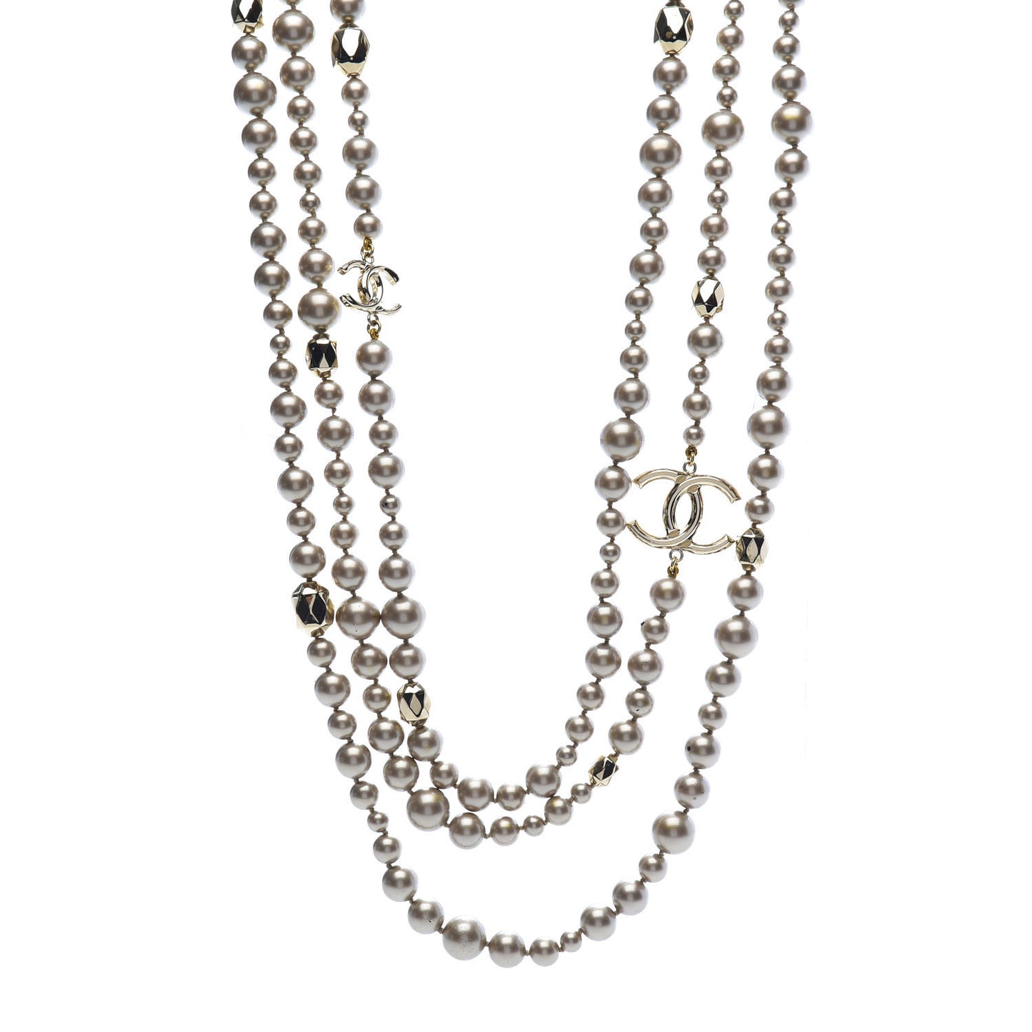 Pearl Crystal CC Triple Strand Necklace Light Gold
