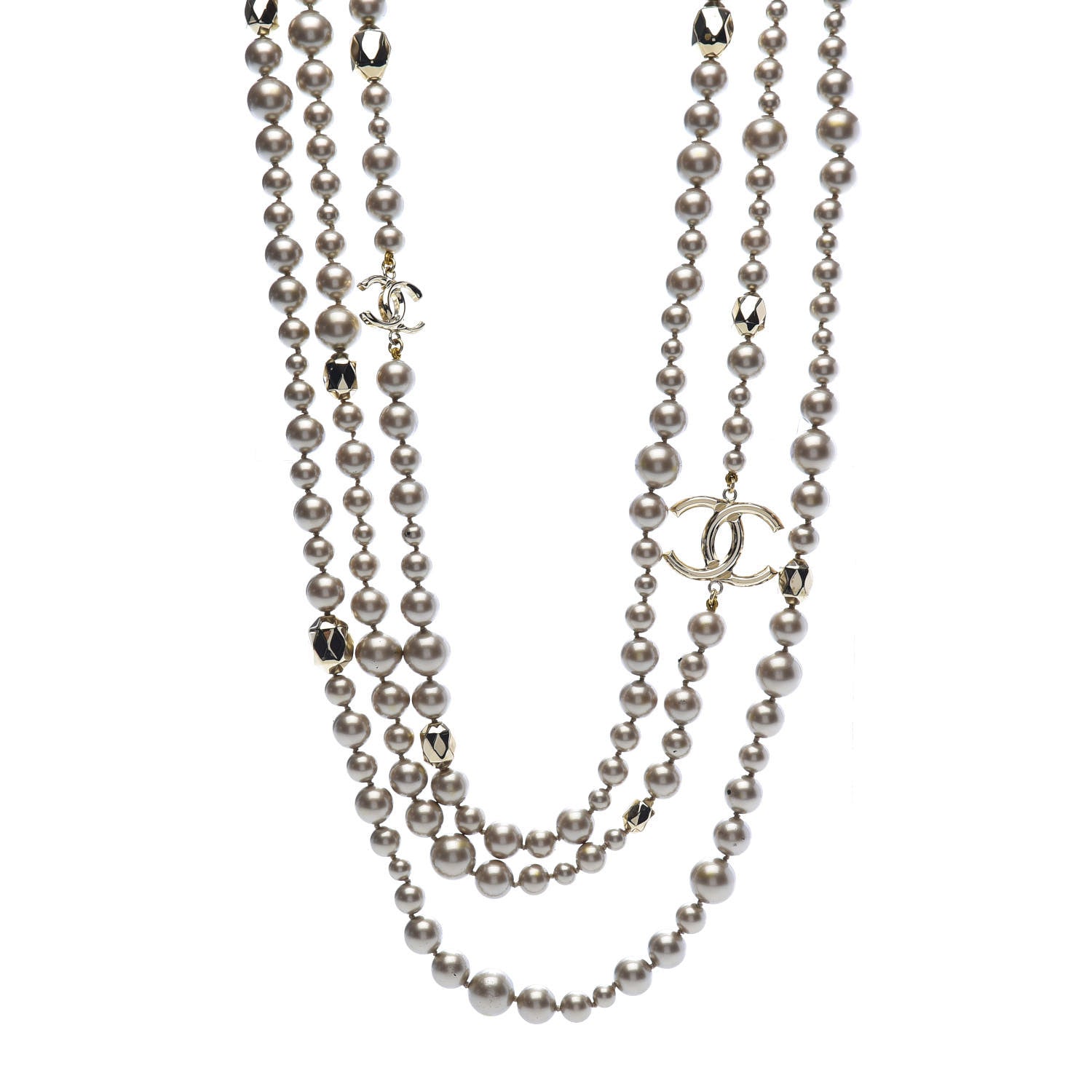 Chanel Pearl Crystal CC Triple Strand Necklace Light Gold 1 of 5