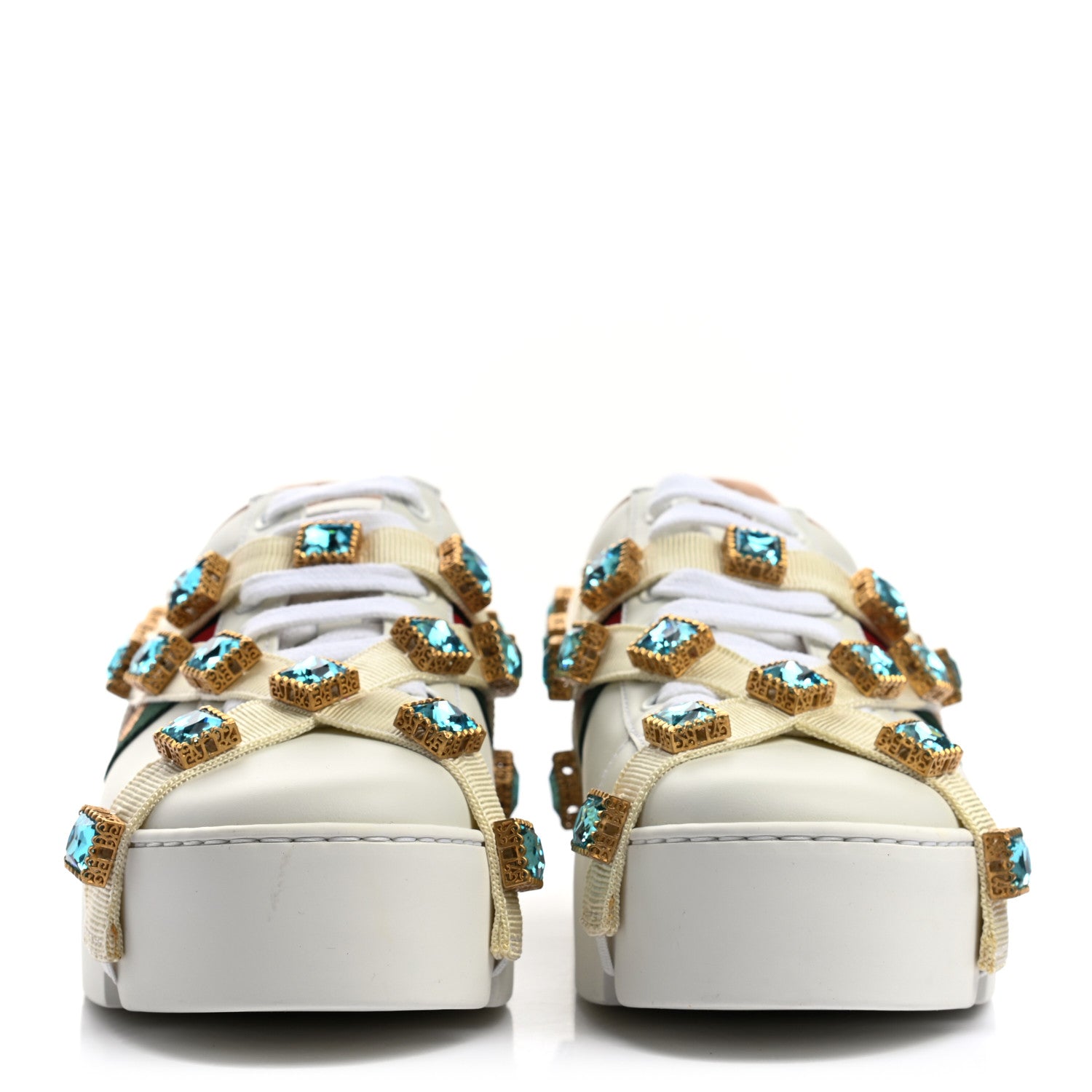 Gucci Calfskin Removable Crystals Bee Embroidered Ace Platform Sneakers 37.5 White 2 of 8