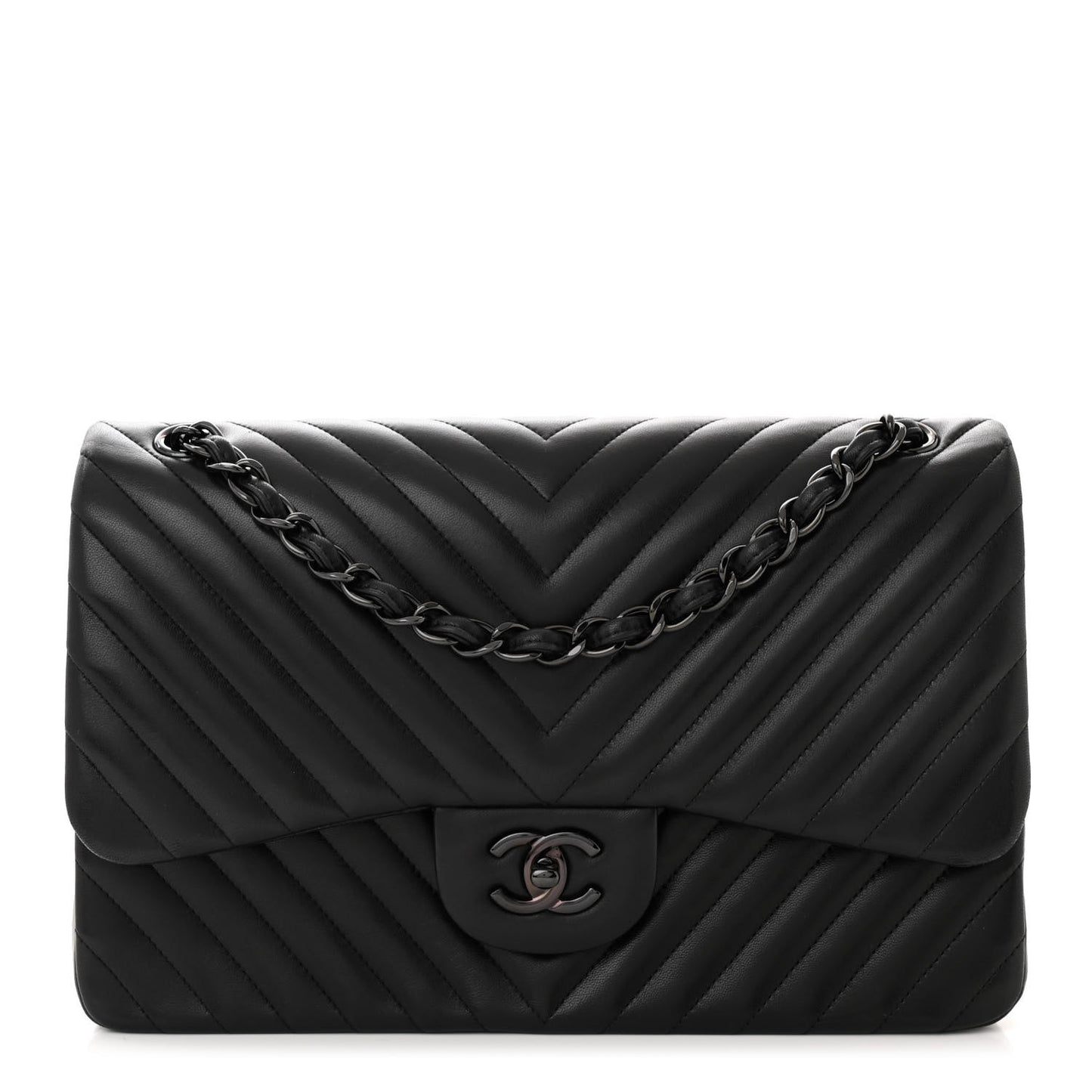 Lambskin Chevron Quilted Jumbo Double Flap So Black