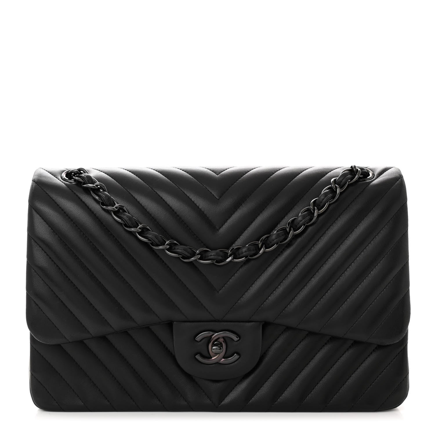 Chanel Lambskin Chevron Quilted Jumbo Double Flap So Black 1 of 10