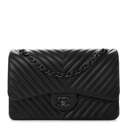 Chanel Lambskin Chevron Quilted Jumbo Double Flap So Black 1 of 10