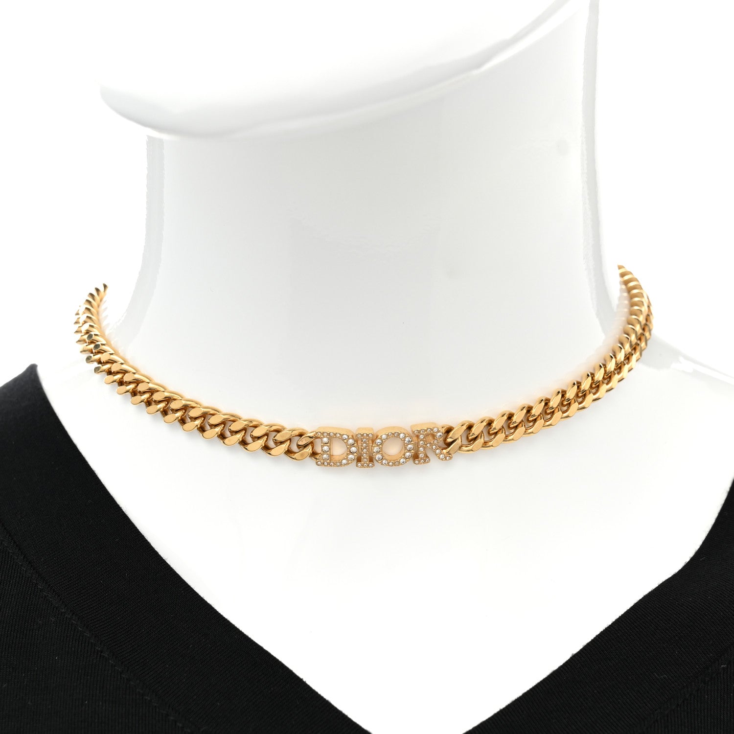 Christian Dior Metal Crystal Chain Logo Necklace Gold 2 of 6