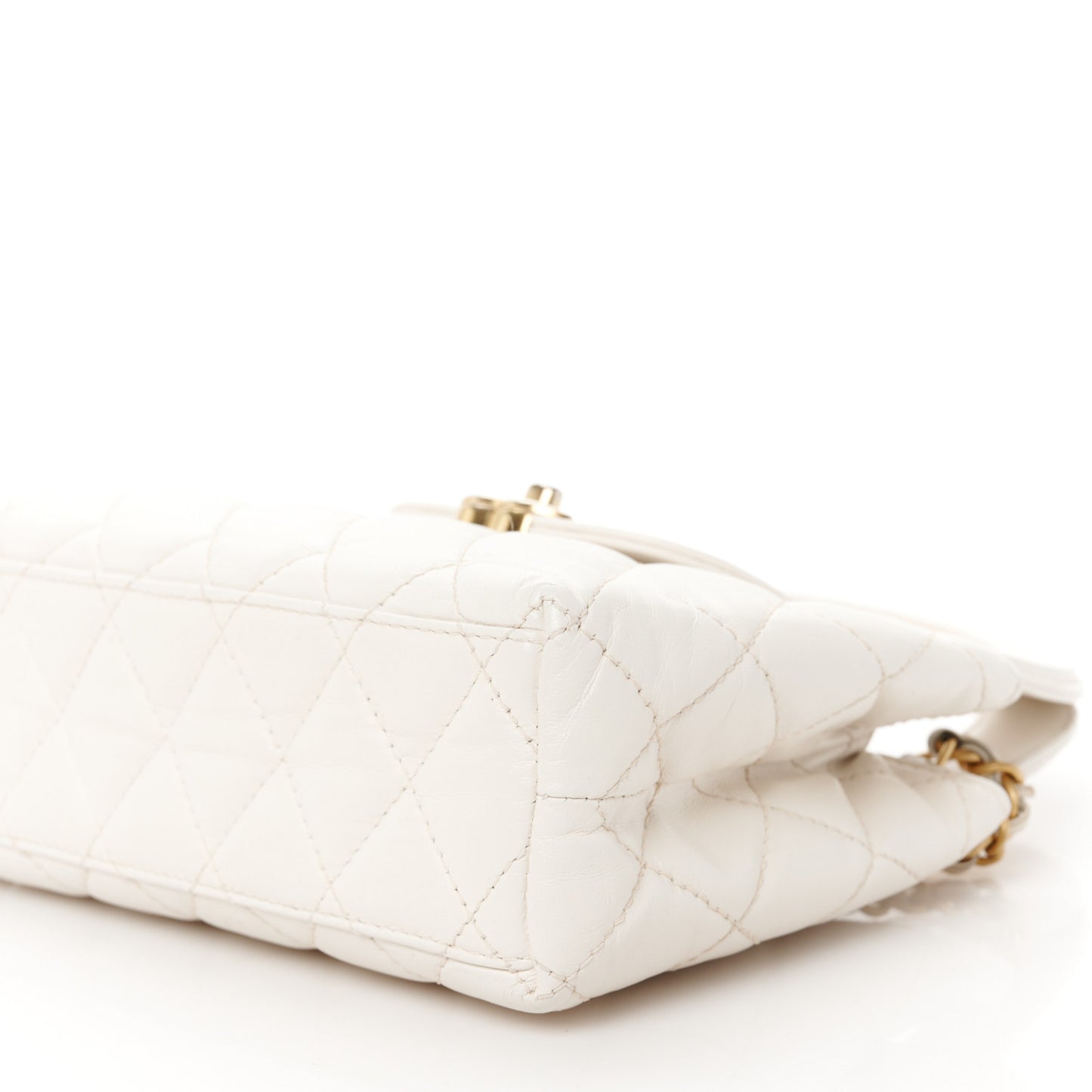 Shiny Aged Calfskin Quilted Nano Kelly Shopper White