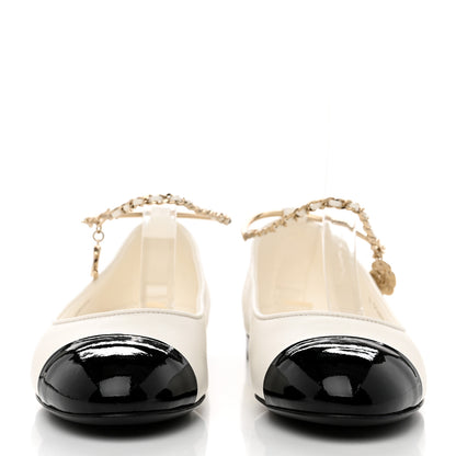 Chanel Lambskin Patent Calfskin Cap Toe Ankle Chain Ballerina Flats 37 White Black 2 of 9