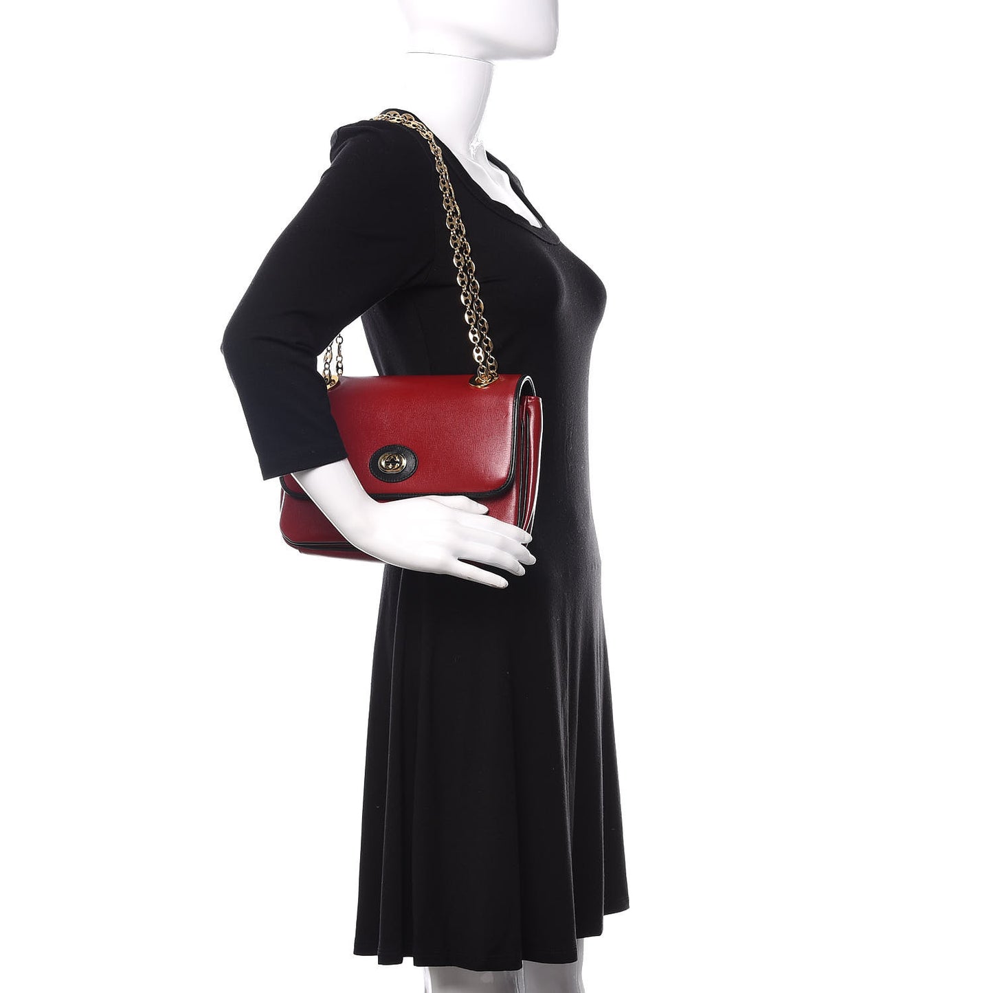 Azalea Calfskin Bi-Color Small Marina Chain Shoulder Bag New Cherry Red Black