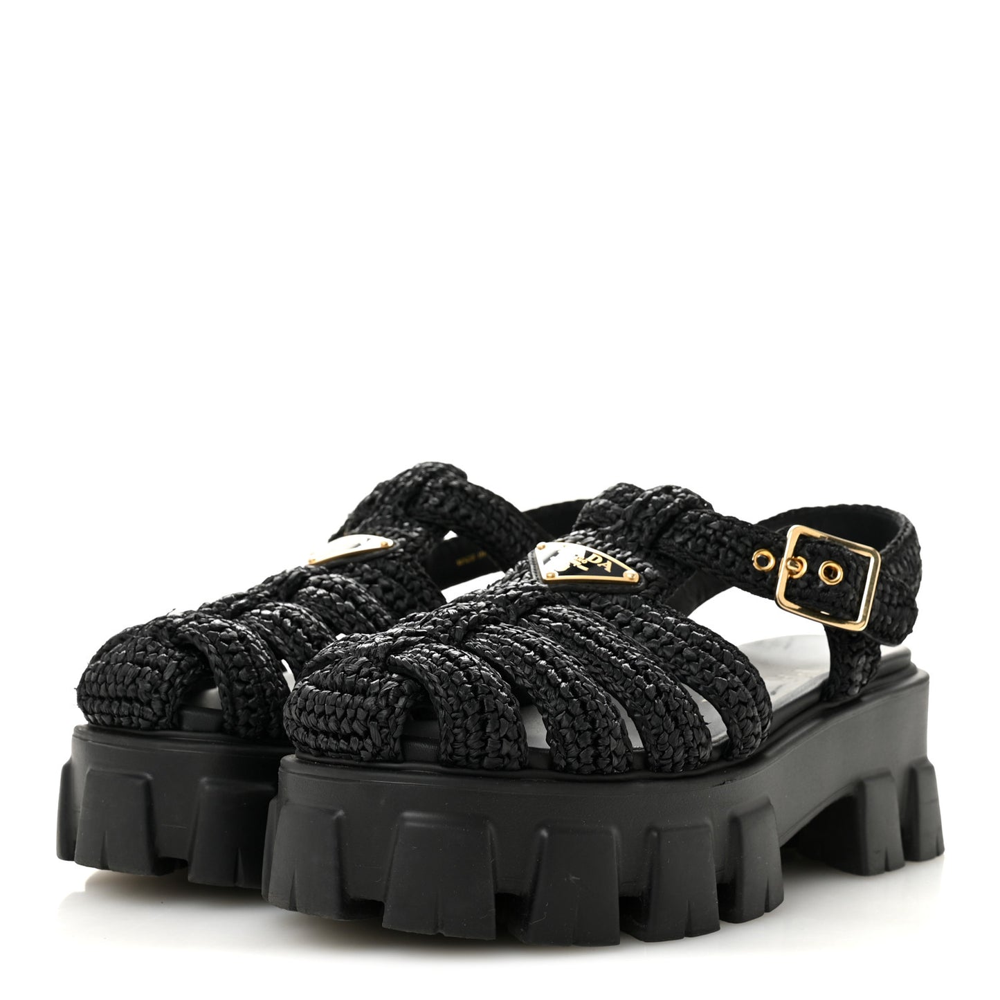 Raffia Metal Triangle Logo Crochet Monolith 55mm Cage Sandals 36 Black