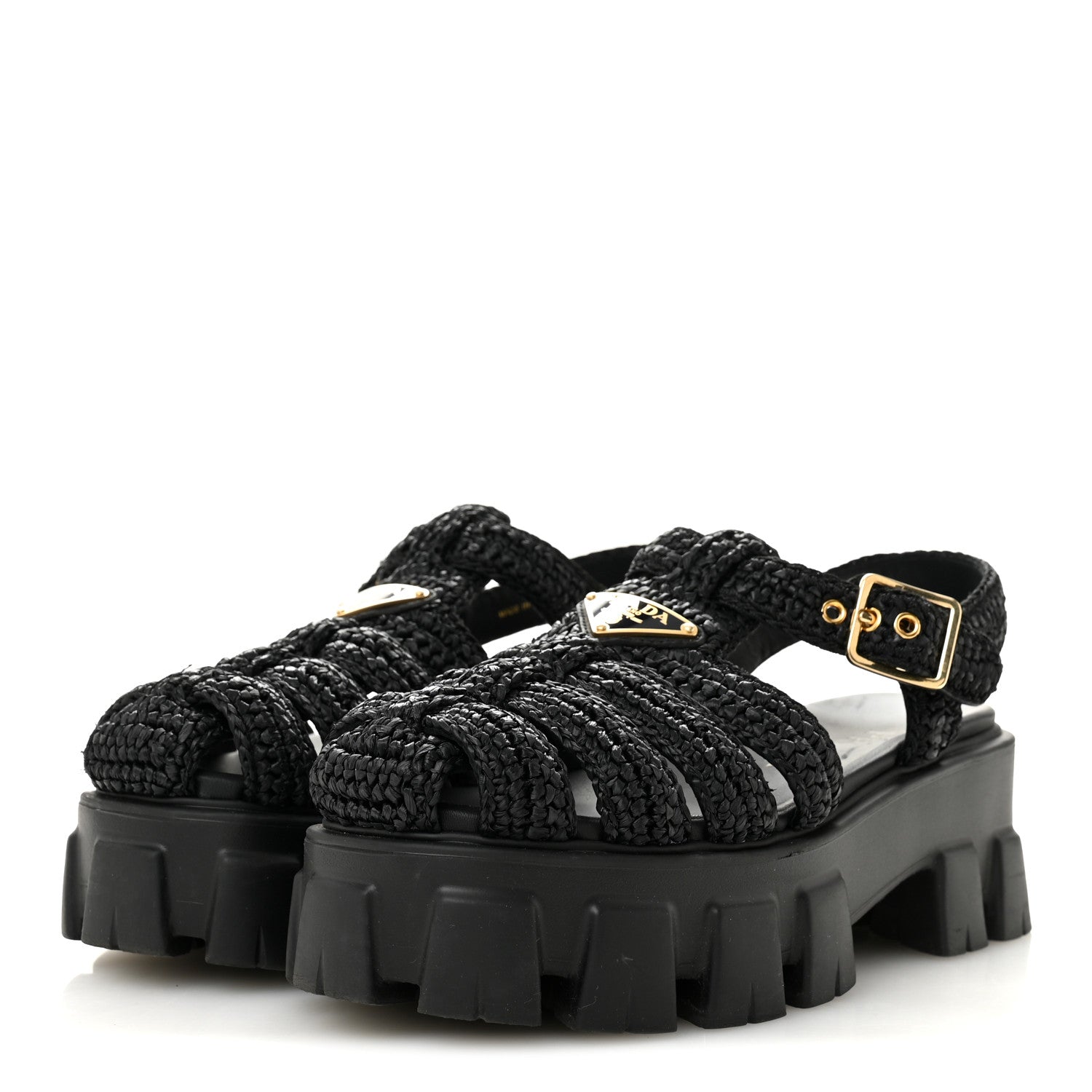 Prada Raffia Metal Triangle Logo Crochet Monolith 55mm Cage Sandals 36 Black 4 of 10