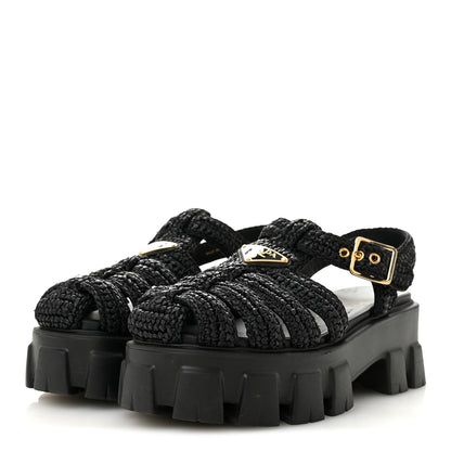 Prada Raffia Metal Triangle Logo Crochet Monolith 55mm Cage Sandals 36 Black 4 of 10