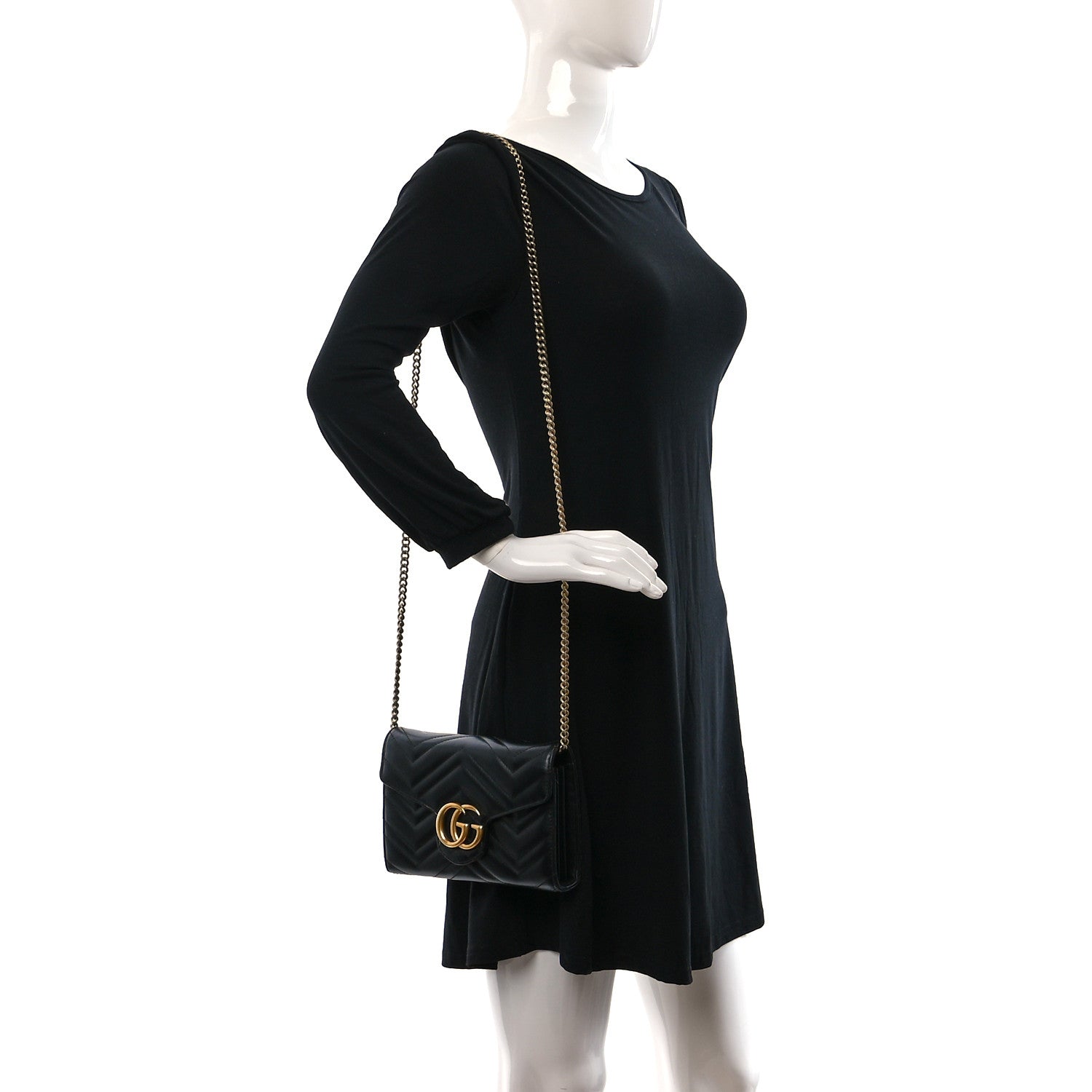 Gucci Calfskin Matelasse GG Marmont Chain Wallet Black 2 of 10