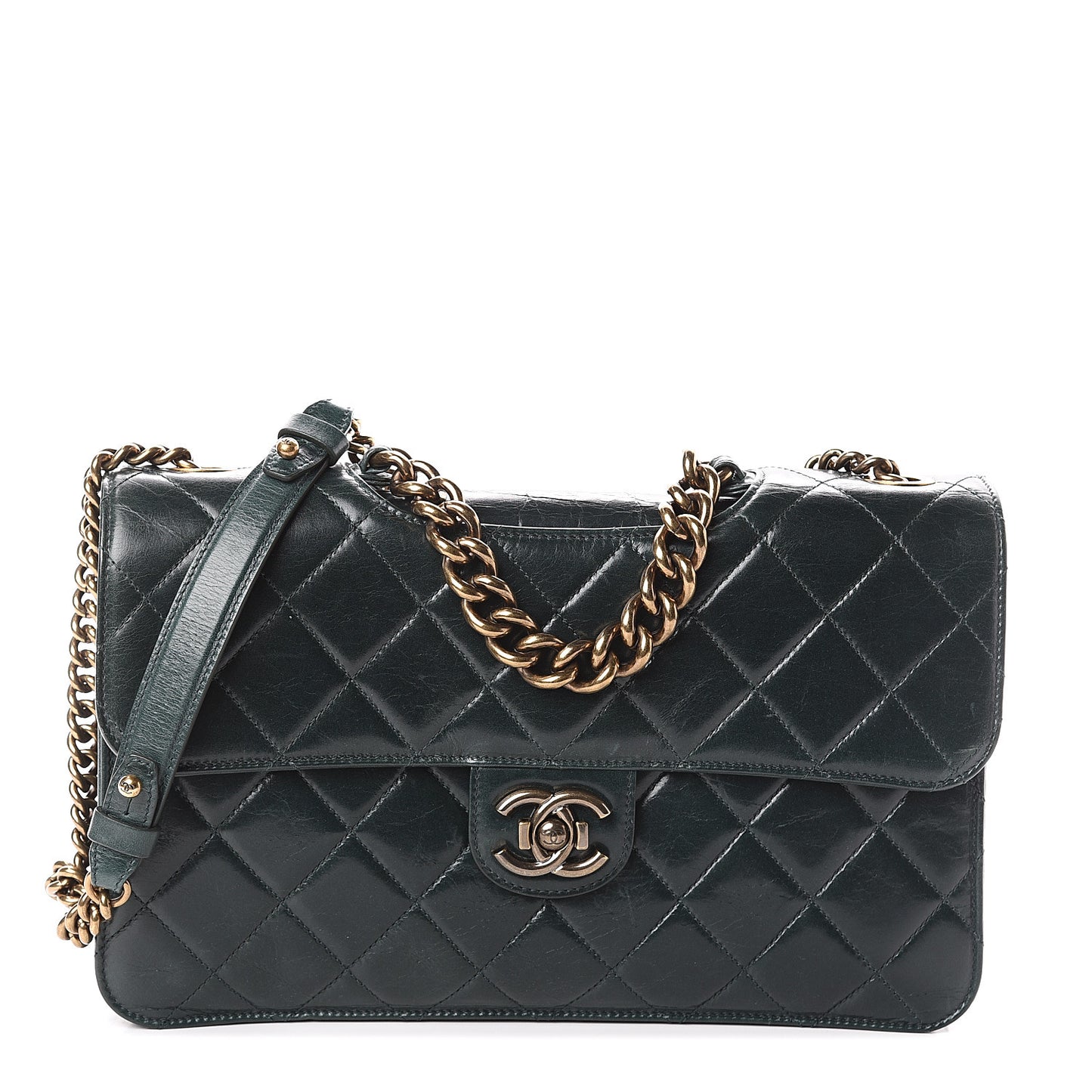 Glazed Calfskin Quilted Perfect Edge Large Flap Green