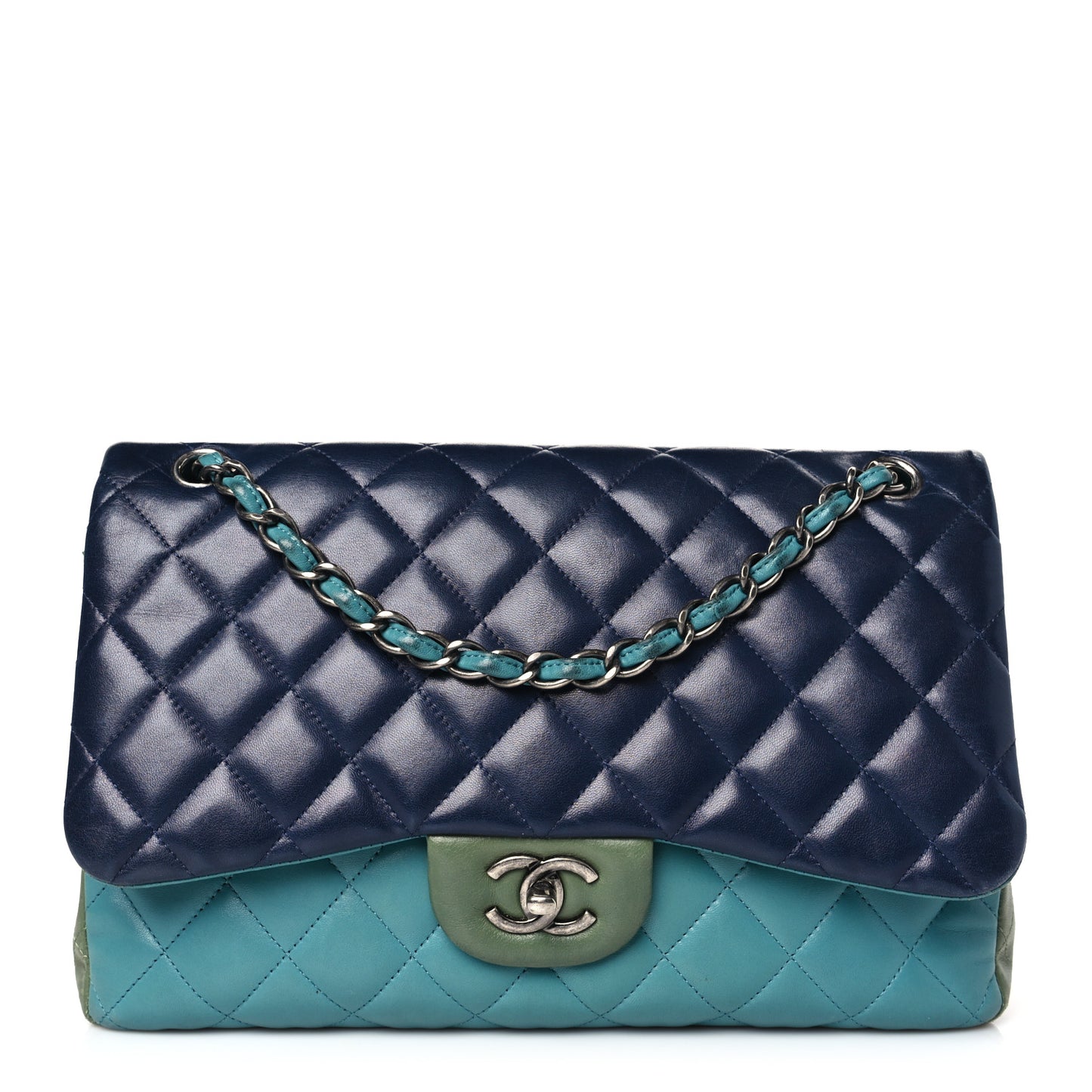 Lambskin Quilted Tri-Color Jumbo Double Flap Navy Blue Green