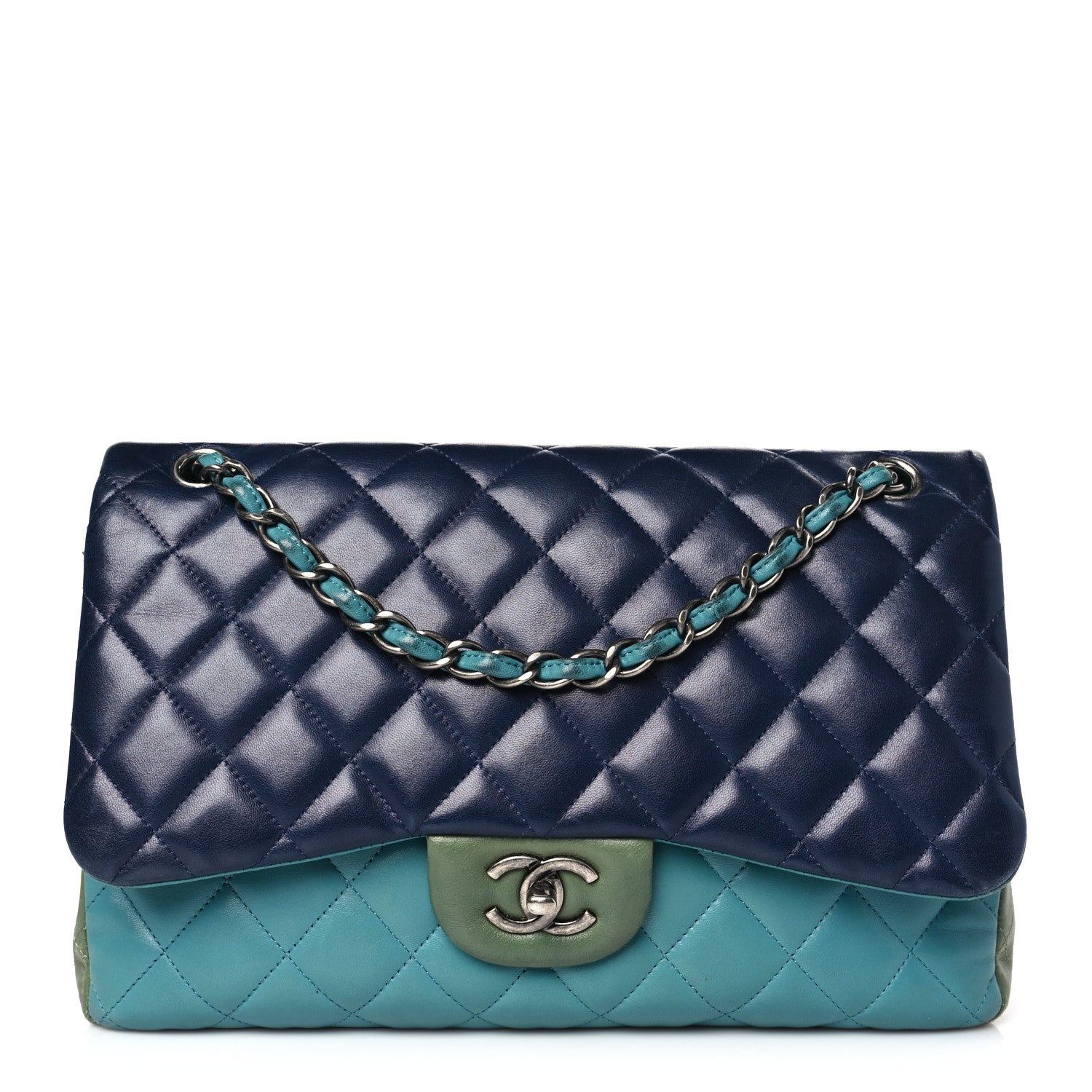 Chanel Lambskin Quilted Tri-Color Jumbo Double Flap Navy Blue Green 1 of 13