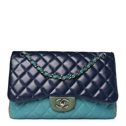 Chanel Lambskin Quilted Tri-Color Jumbo Double Flap Navy Blue Green 1 of 13