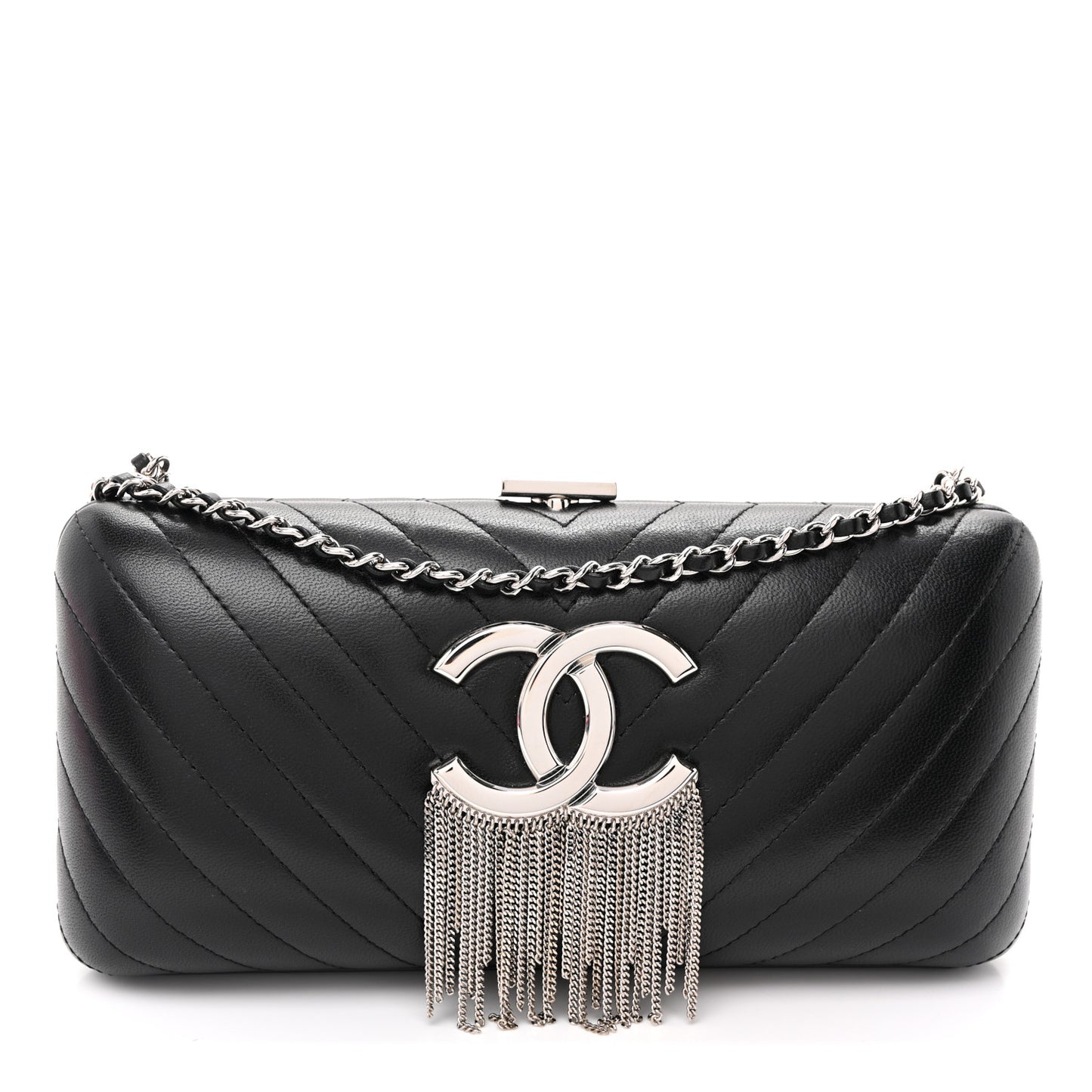 Lambskin Chevron Quilted CC Fringe Clutch Black