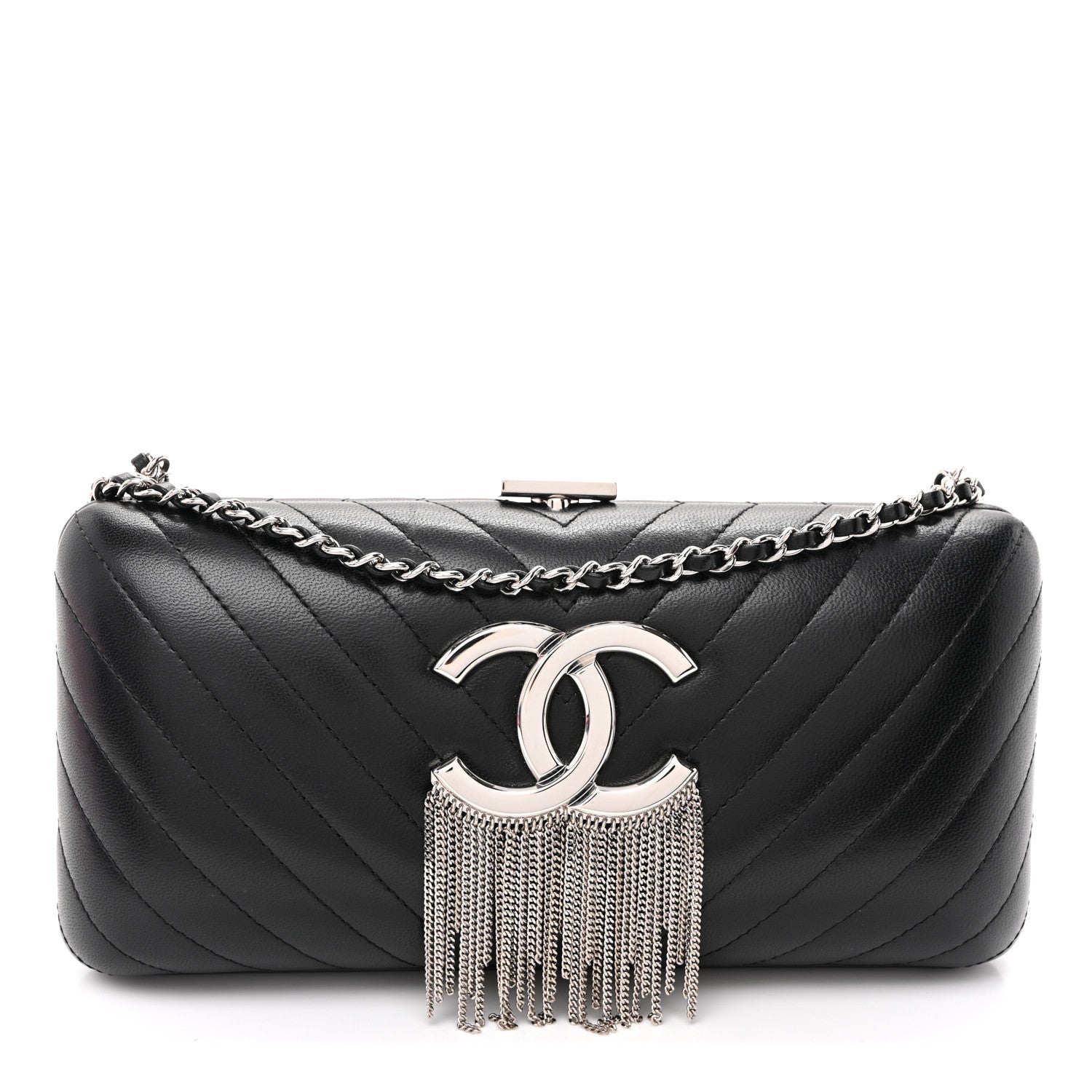 Chanel Lambskin Chevron Quilted CC Fringe Clutch Black 1 of 11
