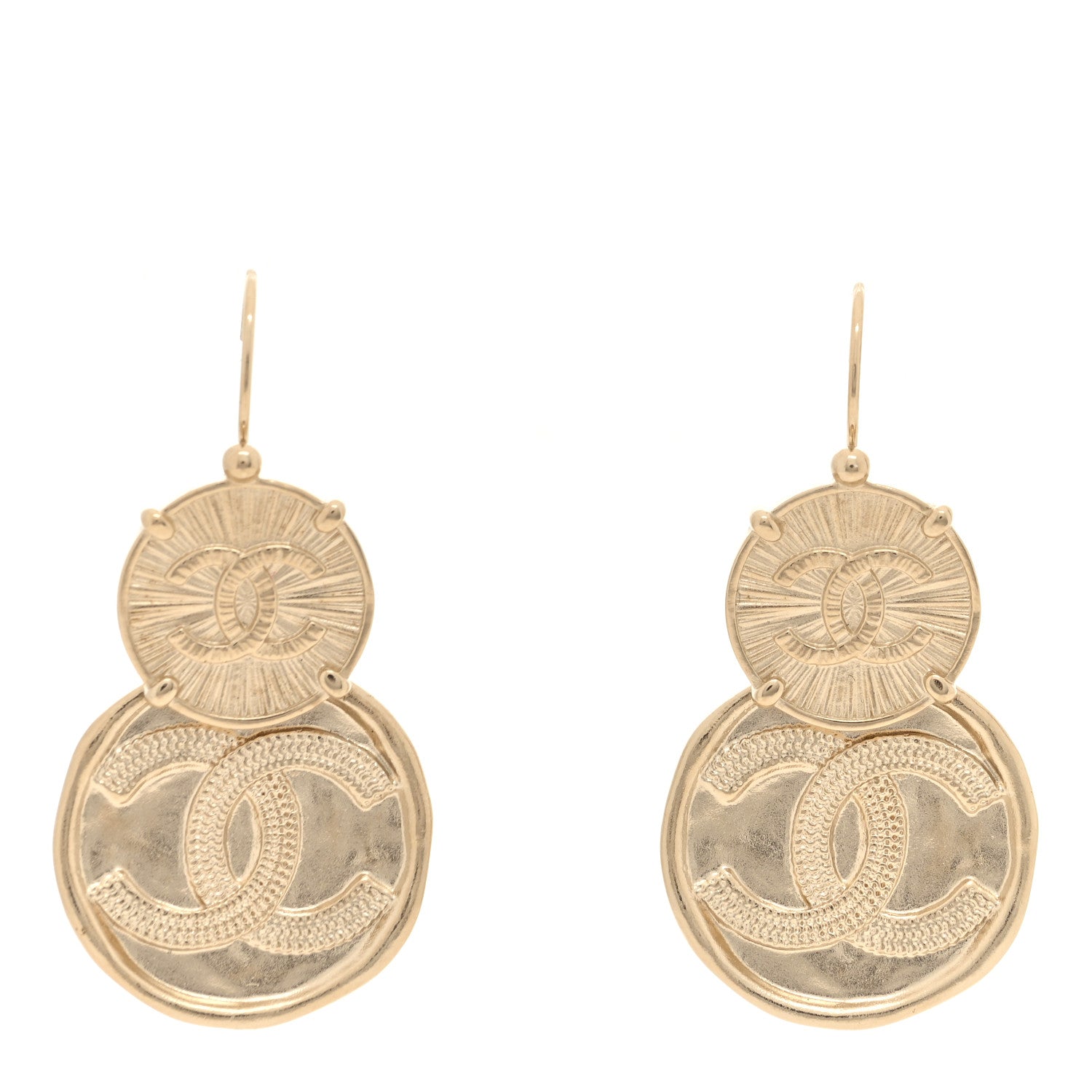 Chanel Metal Round CC Medallion Drop Earrings Gold 1 of 5