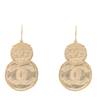 Chanel Metal Round CC Medallion Drop Earrings Gold 1 of 5