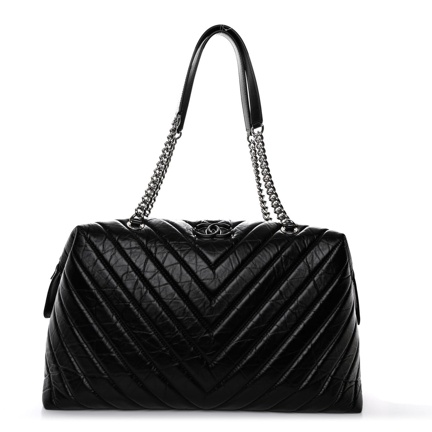 Aged Calfskin Chevron Quilted Duffle Bag Black