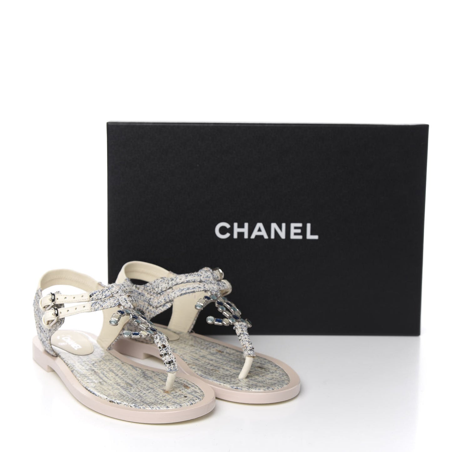 Tweed CC Thong Sandals 37 Ecru Blue Beige Grey