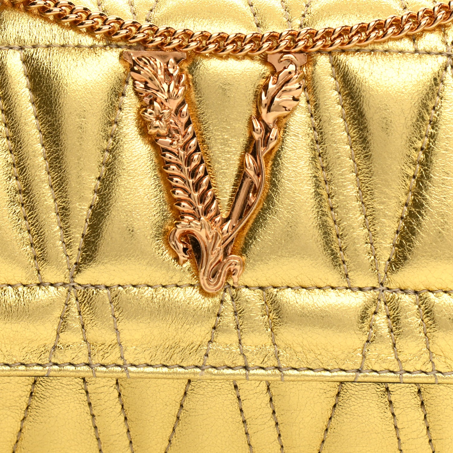 Versace Metallic Vitello Quilted Virtus Mini Wallet Chain Crossbody Gold 8 of 8