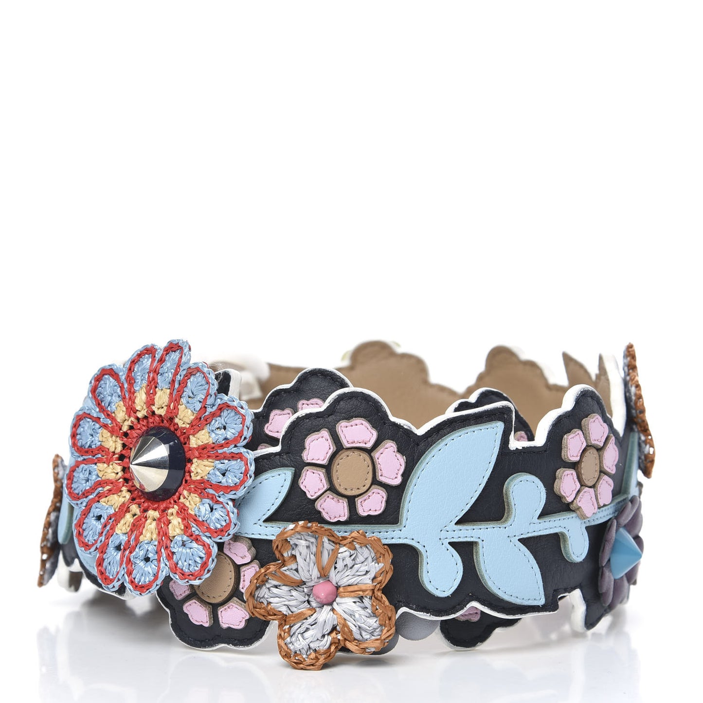 Vitello Dolce Raffia Nappa Catalan Mirror Mink Flowerland Studded Strap You Blue Notte Cuoio Multicolor