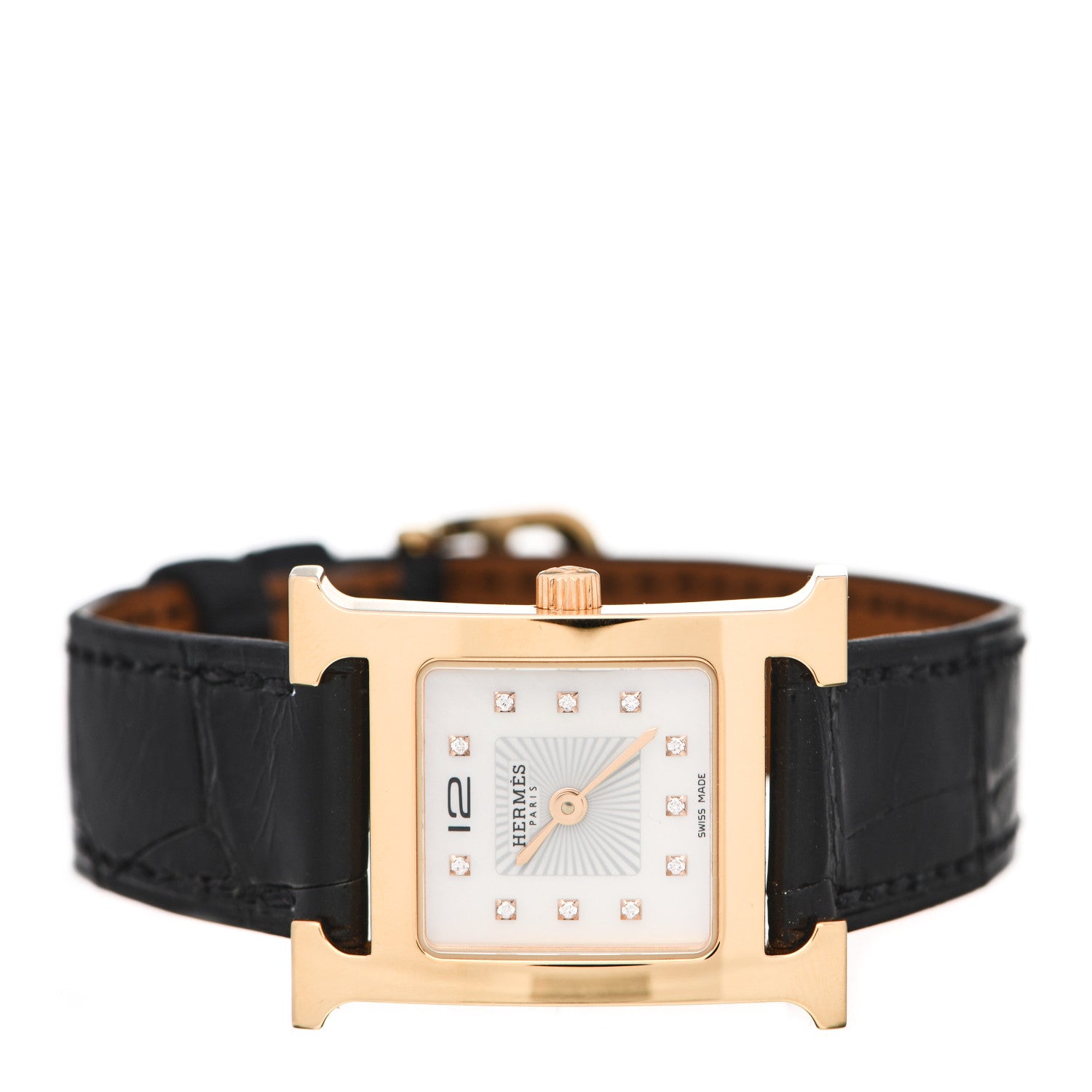 Hermes Stainless Steel Alligator Diamond Mother of Pearl 21mm Heure H Hour Quartz Watch Noir 2 of 5