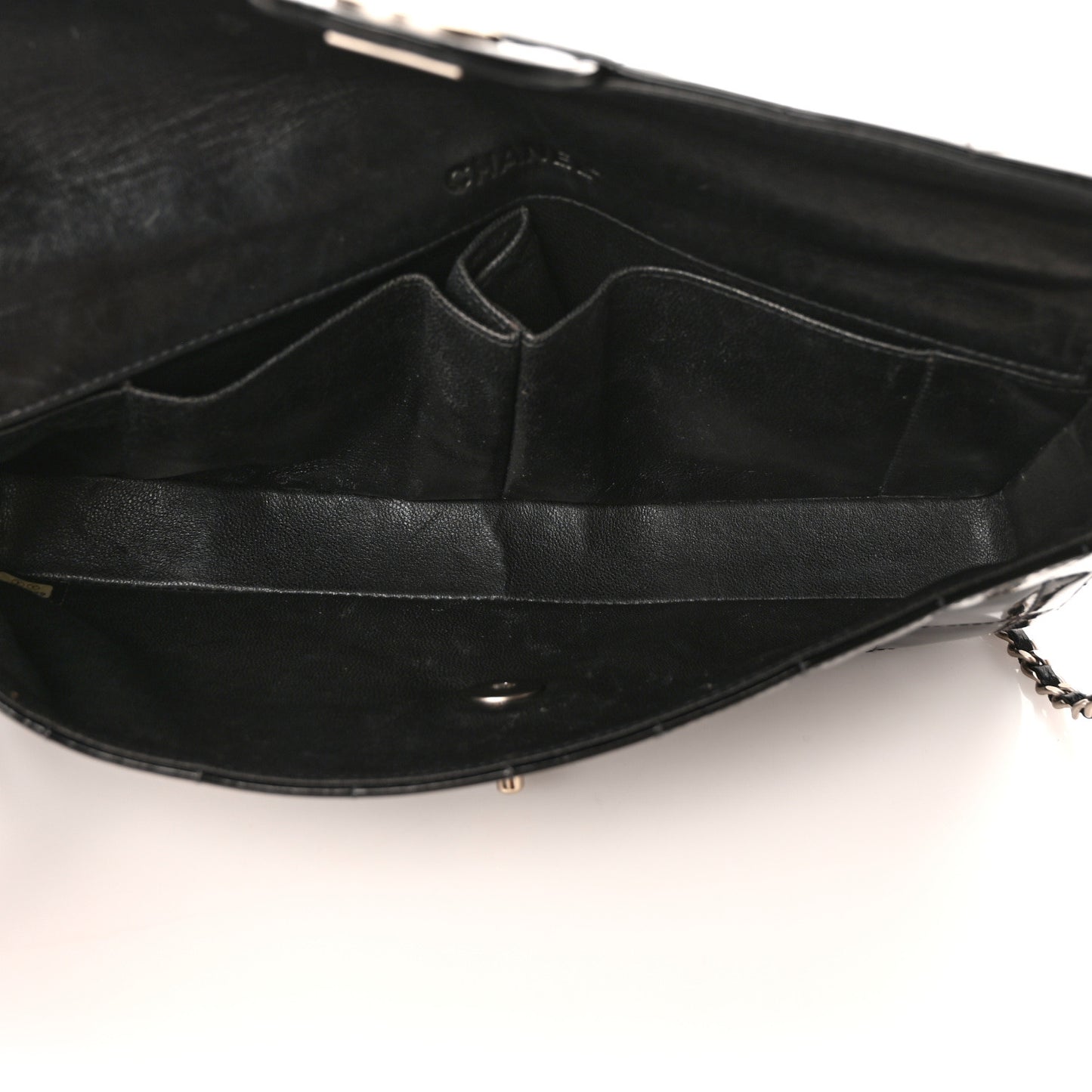 Patent Quilted East West Chocolate Bar Flap Black