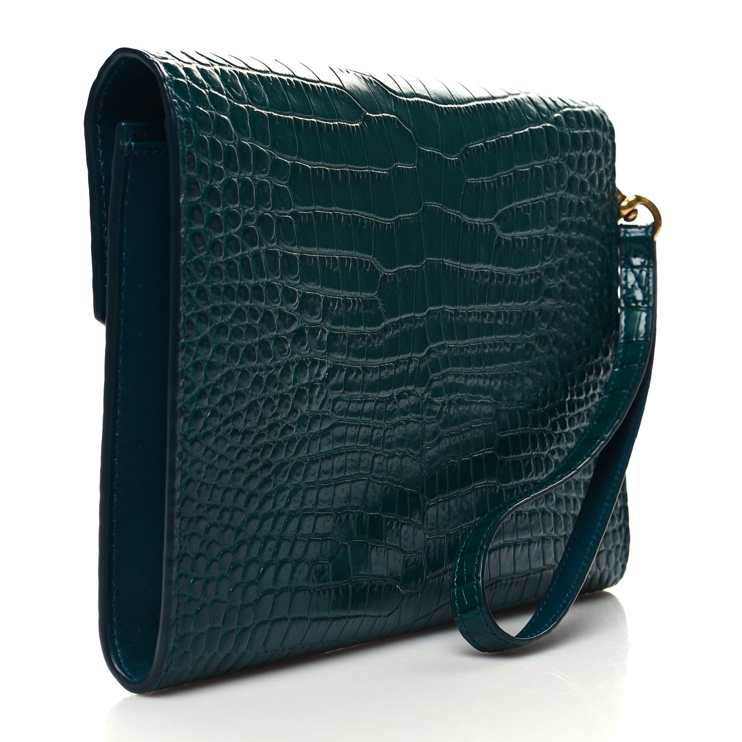 Saint Laurent Calfskin Crocodile Embossed Monogram Cassandre Flap Pouch Foliage Green 3 of 10