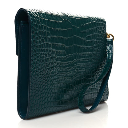 Saint Laurent Calfskin Crocodile Embossed Monogram Cassandre Flap Pouch Foliage Green 3 of 10