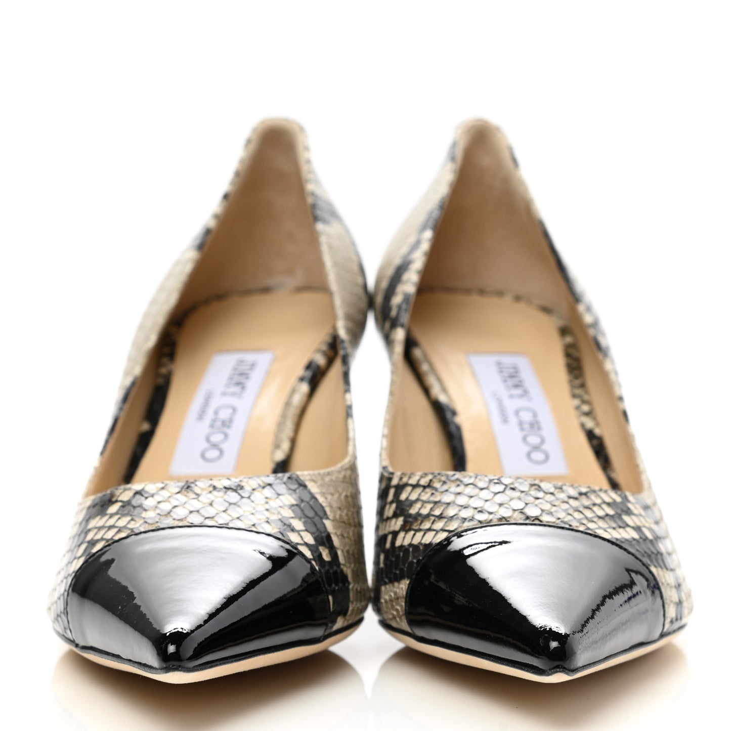Calfskin Snakeskin Embossed Rene 65 Cap Toe Pumps 37.5 Naturel Black
