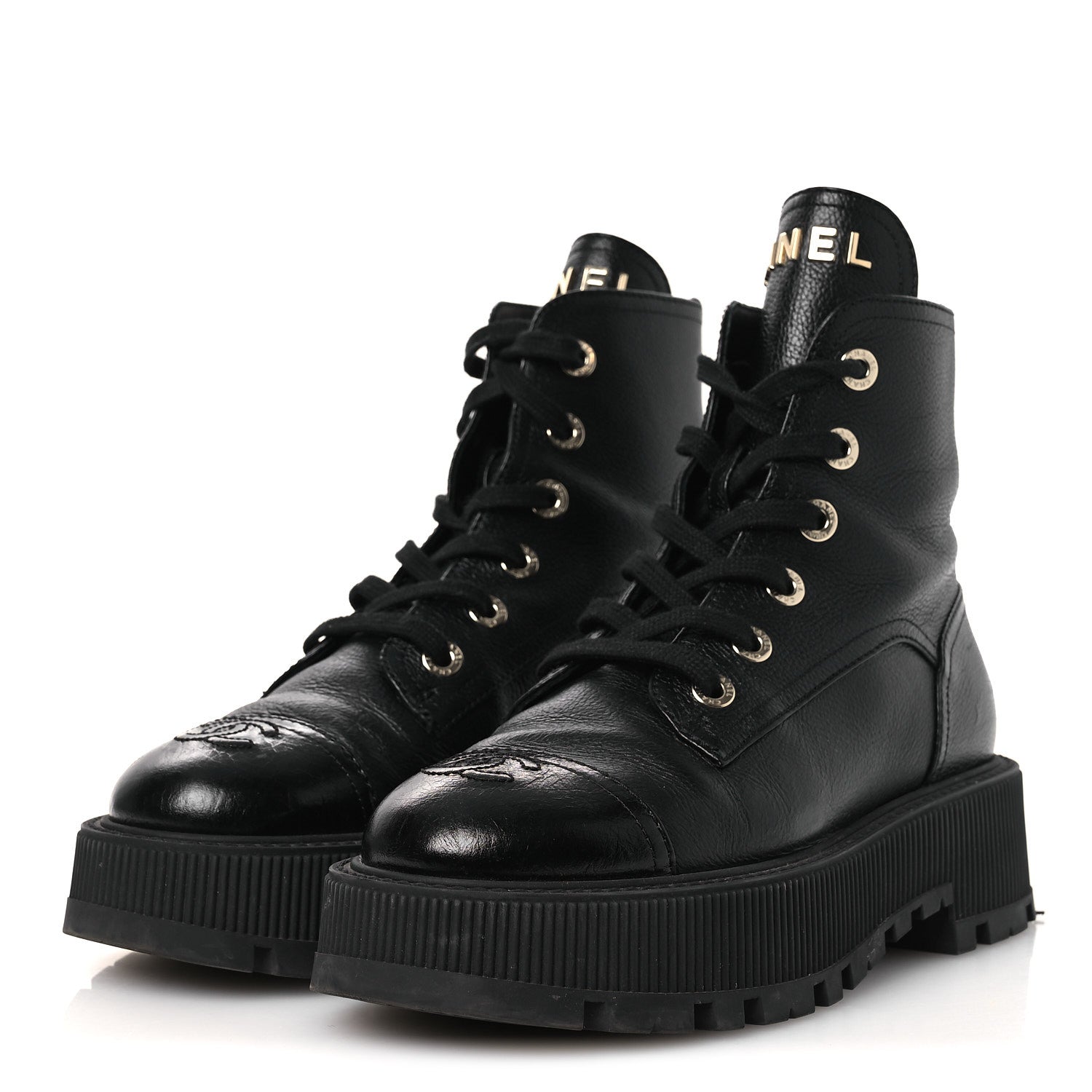 Chanel Grained Calfskin Shiny Calfskin CC Lace Up Combat Boots 37.5 Black 4 of 13