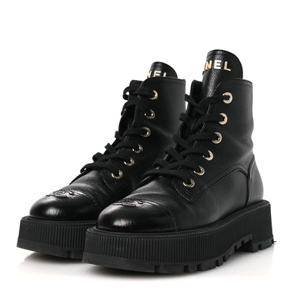 Chanel Grained Calfskin Shiny Calfskin CC Lace Up Combat Boots 37.5 Black 4 of 13