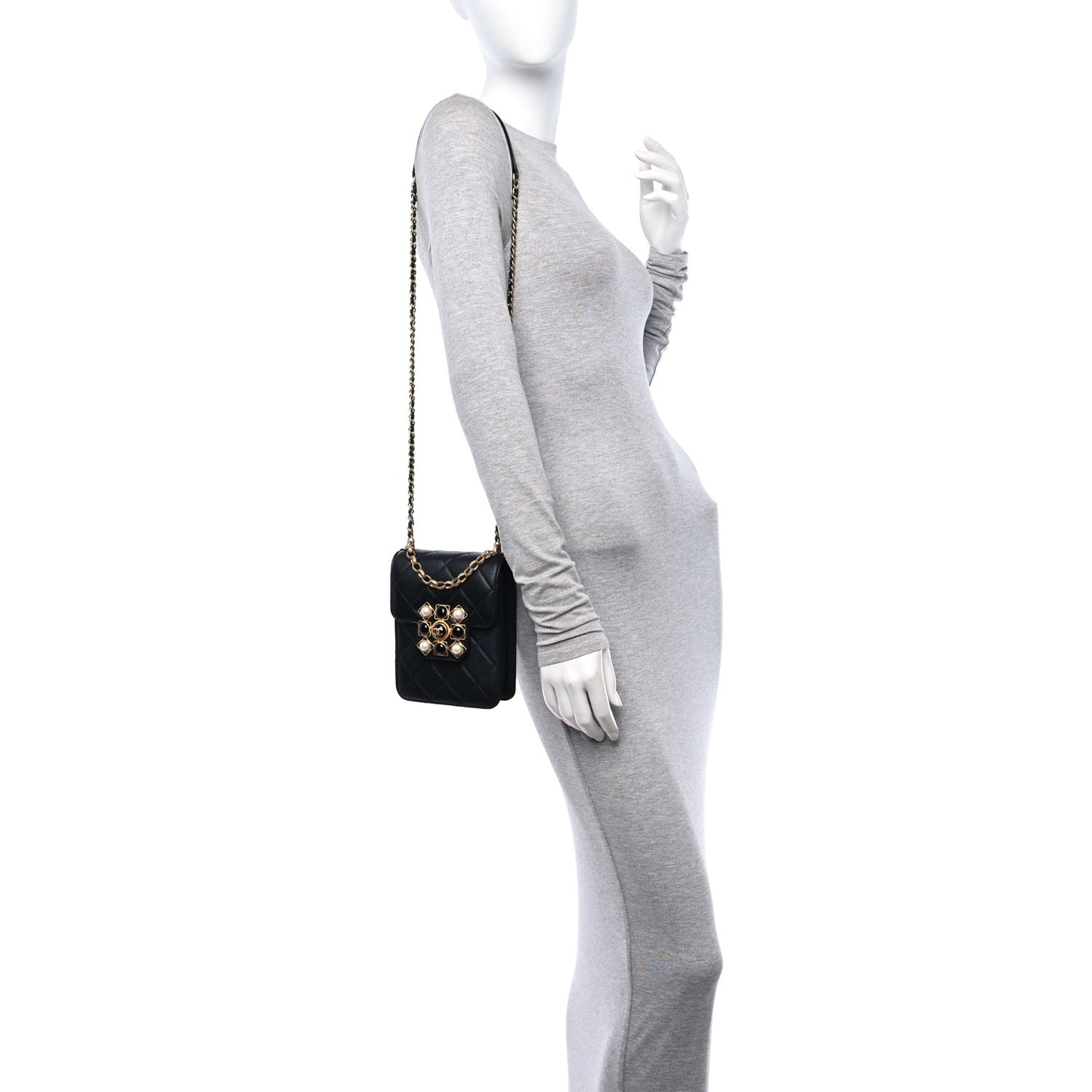 Calfskin Quilted Resin Pearl North South Flap Bag Black