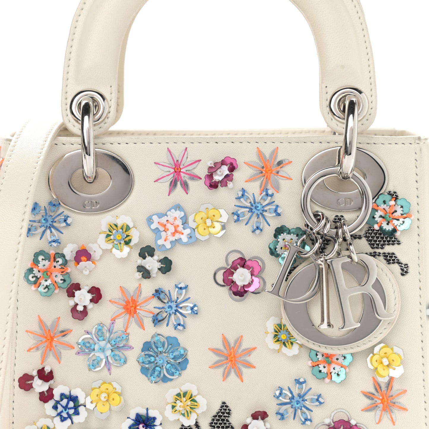 Calfskin Sequin Floral Embroidered Mini Lady Dior White Multicolor