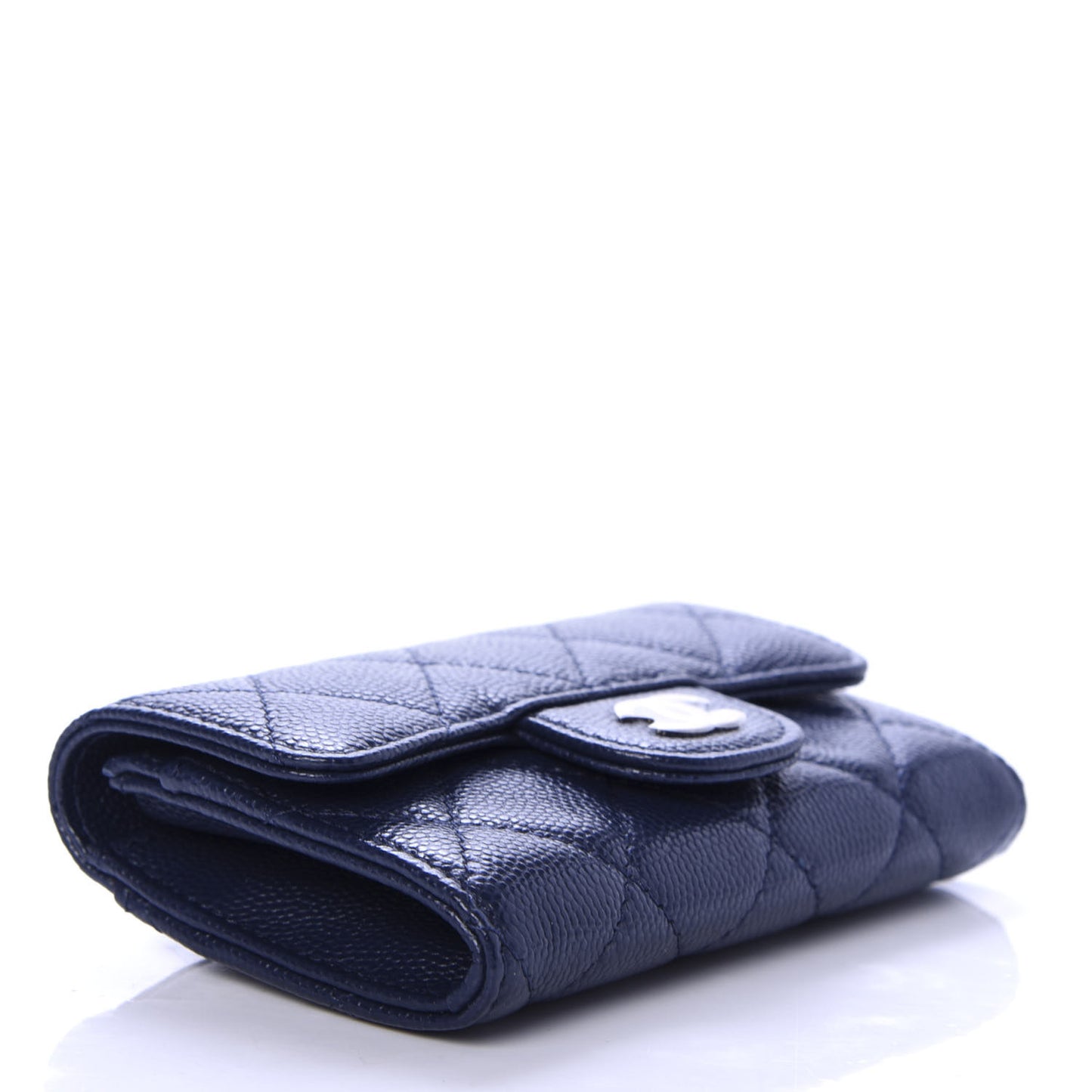 Caviar Quilted Flap Card Holder Wallet Navy Blue